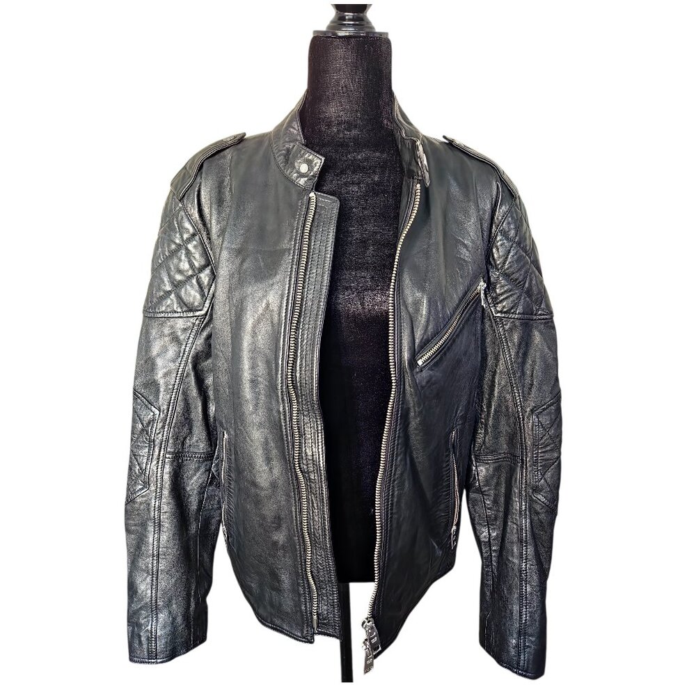 MNG Man Genuine Leather Black Moto Biker Jacket - Size Small